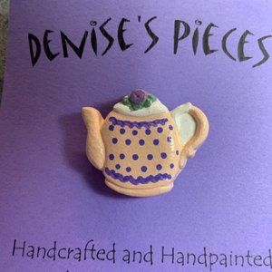 Tea Pot Pin Brooch Pink Purple Dots Green FlowerPlaster Handmade Hand Painted
